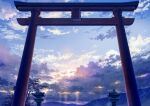  blue_sky blue_theme clouds cloudy_sky commentary_request dappled_sunlight highres mikannokawa7008 mountain mountainous_horizon no_humans original scenery sky stone_lantern sunlight torii tree 