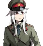  1girl bangs blue_neckwear call_of_duty call_of_duty:_black_ops_cold_war gangut_(kancolle) green_headwear green_jacket hair_between_eyes hammer_and_sickle hat ido_(teketeke) jacket kantai_collection long_hair long_sleeves military military_hat military_uniform necktie red_eyes scar scar_on_face sidelocks simple_background smirk solo uniform white_background white_hair 