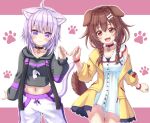  2girls :3 :d ahoge animal_collar animal_ear_fluff animal_ears arm_at_side baggy_pants bangs black_collar black_hoodie blue_bow blush bone_hair_ornament bow bracelet braid brown_eyes brown_hair buttons cartoon_bone cat_ears cat_girl cat_tail closed_mouth collar collarbone commentary cowboy_shot crop_top crossed_bangs dog_ears dog_girl dog_tail drawstring dress eyebrows_visible_through_hair fangs fingers_together hair_between_eyes hair_ornament hairclip happy highres hololive hood hood_down hoodie inugami_korone jacket jewelry long_hair long_sleeves looking_at_viewer low_twin_braids midriff multiple_girls navel nekomata_okayu off_shoulder onigiri_print open_clothes open_jacket open_mouth pants paw_print paw_print_background pink_background pontasu print_hoodie purple_hair red_bow red_collar short_dress short_hair side-by-side sleeves_past_wrists smile standing strap sweatpants tail twin_braids two-tone_background violet_eyes virtual_youtuber white_background white_dress white_pants yellow_jacket 