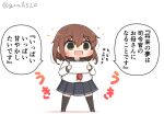  1girl black_legwear black_sailor_collar black_skirt brown_eyes brown_hair chibi commentary_request full_body goma_(yoku_yatta_hou_jane) hair_ornament hairclip ikazuchi_(kancolle) kantai_collection neckerchief open_mouth paper pleated_skirt red_neckwear sailor_collar school_uniform serafuku short_hair simple_background skirt solo standing thigh-highs translation_request twitter_username wavy_mouth white_background 