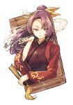  1girl bangs breasts eyebrows_visible_through_hair fan hair_between_eyes hair_ribbon hand_up hisona_(suaritesumi) holding holding_fan japanese_clothes kimono komakusa_sannyo long_sleeves looking_at_viewer medium_breasts open_mouth purple_hair red_eyes red_kimono red_sleeves ribbon simple_background solo touhou unconnected_marketeers white_background yellow_ribbon 