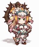  1girl armor blonde_hair chibi double_bun flower full_body gradient_hair green_eyes hair_flower hair_ornament hands_on_hips headpiece highres hololive long_hair miloku momosuzu_nene monster_hunter_(series) monster_hunter_rise multicolored_hair pink_hair simple_background solo spiked_armor two_side_up virtual_youtuber white_background 