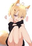 1girl :d animal_ear_fluff animal_ears bare_legs black_sweater blonde_hair fang highres long_sleeves medium_hair nyaha off_shoulder open_mouth original pink_eyes ponytail skin_fang smile sweater tail translation_request 