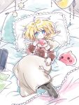  1girl :3 acolyte_(ragnarok_online) arutopian bangs biretta black_legwear blonde_hair blue_eyes blush book brown_shirt button_eyes capelet character_doll closed_mouth commentary_request eyebrows_visible_through_hair full_body looking_at_viewer medium_hair on_bed pantyhose pillow poring ragnarok_online shirt skirt smile solo white_capelet white_skirt 