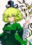  1girl bangs black_headwear dress eyebrows_visible_through_hair green_dress green_eyes green_hair green_sleeves hair_between_eyes hand_up hat long_sleeves looking_at_viewer open_mouth qqqrinkappp short_hair simple_background smile soga_no_tojiko solo touhou traditional_media white_background 