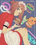  1girl alternate_costume apron bangs blush brown_hair burger buttons closed_mouth commentary_request dress eyelashes food framed gen_3_pokemon glass grey_eyes hair_ornament hand_up hari611 highres ice ice_cube liquid looking_back may_(pokemon) pokemon pokemon_(creature) pokemon_(game) pokemon_on_leg pokemon_rse red_dress short_sleeves signature sitting smile starter_pokemon torchic tray waist_apron waitress white_apron x_hair_ornament 