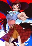  1girl :d bandana bangs blue_shirt breasts brown_hair contrapposto cowboy_hat feet_out_of_frame foreshortening from_below hat highres horse_tail joniko1110 kurokoma_saki long_hair medium_breasts open_mouth pegasus_wings plaid pointing pointing_at_viewer red_background red_eyes red_skirt shirt simple_background skirt smile solo swept_bangs tail touhou very_long_hair 