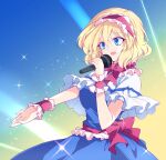  1girl :d alice_margatroid blonde_hair blue_dress blue_eyes bow capelet dress frills gradient gradient_background hair_between_eyes headband highres ichimura_kanata microphone music open_mouth outstretched_hand red_bow red_headwear red_neckwear red_ribbon ribbon short_hair short_sleeves singing smile solo sparkle touhou wrist_cuffs 