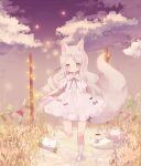  1girl animal_ears blush bone bow bowtie clouds coco_(hinatacoco) cup dress grass large_tail long_hair original outdoors pillow short_sleeves sky solo standing standing_on_one_leg star_(sky) tail teacup teapot tray very_long_hair violet_eyes white_dress white_legwear 