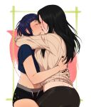  2girls arms_around_neck ass bangs black_hair black_nails black_shorts blue_shirt blush boku_no_hero_academia breasts brown_hair brown_sweater closed_eyes commentary cropped_shirt facing_another from_side highres hug jirou_kyouka kiss large_breasts leggings long_hair long_sleeves midriff multiple_girls nail_polish navel purple_hair riffraffhellyea shirt short_shorts short_sleeves shorts sweater symbol_commentary yaoyorozu_momo yuri 