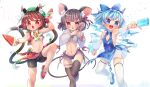  3girls :3 :d animal_ear_fluff animal_ears bell black_legwear blue_eyes blue_hair blush breasts brown_eyes brown_hair cat_ears cat_tail chen cirno fang flat_chest food gold_trim grey_hair hat highres ibaraki_natou jingle_bell mob_cap mouse_ears mouse_tail multiple_girls multiple_tails navel nazrin nekomata open_mouth popsicle red_eyes shorts smile standing standing_on_one_leg tail thigh-highs touhou two_tails under_boob v-shaped_eyebrows white_legwear 