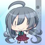  1girl ahoge artist_name blue_background bow bowtie character_name chibi commentary_request dress full_body gradient gradient_background grey_eyes grey_hair grey_legwear hair_between_eyes halterneck highres inaba_shiki kantai_collection kiyoshimo_(kancolle) long_hair low_twintails pantyhose pleated_dress purple_dress shirt solo standing twintails very_long_hair white_shirt |_| 