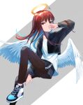  1girl absurdres angel_wings bangs black_jacket black_pants brown_eyes brown_hair covered_mouth crop_top halo hand_up highres jacket long_hair long_sleeves looking_at_viewer messy_hair oji_(osushi_ojisan) original pants shirt shoes sidelocks solo white_shirt wings 