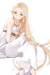 1girl artist_name bare_shoulders barefoot blonde_hair blue_eyes blush braid breasts collarbone commentary dress flower green_eyes hair_flower hair_ornament highres jewelry knees_up long_hair looking_at_viewer medium_breasts pointy_ears princess_zelda shiny shiny_hair shuang_sen_(shuangsen) simple_background sleeveless sleeveless_dress smile solo strapless strapless_dress the_legend_of_zelda the_legend_of_zelda:_breath_of_the_wild very_long_hair white_background white_dress 