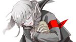  1girl armband bangs blonde_hair braid colored_skin dangan_ronpa_(series) dangan_ronpa_2:_goodbye_despair glasses grey_hair grey_skin grey_theme happy hug kuzuryuu_fuyuhiko long_hair long_sleeves open_mouth pekoyama_peko red_armband short_hair simple_background smile teardrop twin_braids upper_body very_short_hair white_background yamagishi-sota 