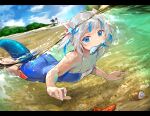  1girl animal_ears bangs beach blue_eyes blue_hair blunt_bangs blush cat_ears fish fish_tail gawr_gura highres hololive hololive_english huge_filesize looking_at_viewer medium_hair mouth_hold multicolored_hair outdoors palm_tree partially_submerged seashell shark_girl shark_tail shell silver_hair sky solo starfish streaked_hair swimsuit tail tree two_side_up virtual_youtuber water yoshikawa_hiro 