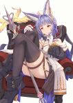  black_footwear blue_hair boots breasts cover cover_page crossed_legs dress erune gloves granblue_fantasy highres holding holding_staff holding_weapon keepvalley knees_up legs medium_breasts short_dress staff thigh-highs thighs tikoh violet_eyes weapon white_gloves zettai_ryouiki 