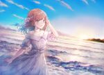  1girl :d arm_up bangs bare_shoulders blue_eyes blue_sky brown_hair clouds collarbone commentary_request day dress eyebrows_visible_through_hair flower hair_flower hair_ornament highres long_hair looking_away niwako ocean off_shoulder open_mouth original outdoors puffy_short_sleeves puffy_sleeves short_sleeves sky smile solo tank_top water waves white_dress white_flower white_tank_top 