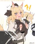  !? 1other 3girls ambiguous_gender animal_ear_fluff animal_ears arknights aunt_and_niece black_bow black_gloves black_headwear black_jacket black_shirt blonde_hair blue_eyes blush bow commentary dated doctor_(arknights) emphasis_lines english_text fang gloves hair_bow happy_birthday hat headset highres hood hood_up horse_ears horse_girl horse_tail jacket jewelry_box kyou_039 long_hair mask multiple_girls nearl_(arknights) open_mouth out_of_frame ponytail shirt skin_fang tail thick_eyebrows twitter_username whislash_(arknights) white_jacket 