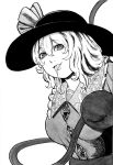  1girl bangs breasts commentary_request eyebrows_visible_through_hair floral_print frilled_shirt_collar frills greyscale hair_between_eyes hat hat_ribbon highres imori_(46296895) komeiji_koishi large_breasts looking_at_viewer medium_hair monochrome open_mouth ribbon rose_print saliva shirt simple_background solo thigh-highs tongue tongue_out touhou upper_body 