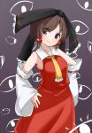  1girl bangs black_bow black_eyes blush bow breasts brown_hair closed_mouth commentary_request cookie_(touhou) detached_sleeves eyebrows_visible_through_hair eyes_visible_through_hair hair_between_eyes hair_bow hair_tubes hakurei_reimu highres large_bow looking_to_the_side medium_breasts mochiya_(cookie) necktie red_shirt red_skirt ribbon-trimmed_sleeves ribbon_trim shirt short_hair skirt sleeveless sleeveless_shirt solo swept_bangs touhou upper_body white_sleeves yellow_neckwear yumekamaborosh 