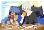  1boy 1girl animal_ears black_hair black_shirt blue_hair body_fur brand_new_animal cherry_tomato claws closed_eyes coffee fangs food fork furry green_eyes jacket kagemori_michiru lettuce mokutanuko multicolored multicolored_eyes multicolored_hair napkin ogami_shirou open_mouth raccoon_ears raccoon_girl red_eyes sausage shirt short_hair simple_background sleeveless sleeveless_shirt smile toast tomato white_hair 