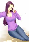  1girl arms_up barefoot breasts denim fire_emblem fire_emblem_echoes:_shadows_of_valentia hair_ornament igni_tion jeans large_breasts long_hair long_sleeves looking_at_viewer open_mouth pants parted_lips purple_hair purple_sweater ribbed_sweater sitting smile solo sonya_(fire_emblem) sweater teeth upper_body v violet_eyes 