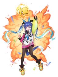  1girl :d absurdres ahoge animal_ears arm_up bangs black_legwear blue_eyes blue_hair boots commentary confetti ear_covers explosion green_sleeves heterochromia highres hood hoodie horse_ears horse_tail index_finger_raised long_hair long_sleeves looking_at_viewer mismatched_sleeves open_mouth pantyhose pink_eyes pink_hair rkfjfjf119 sharp_teeth smile solo tail teeth twin_turbo_(umamusume) twintails umamusume upper_teeth very_long_hair white_hoodie yellow_footwear 