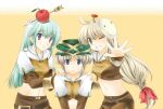  3girls apple apple_o_archer apple_on_head arrow_(projectile) bangs black_eyes blonde_hair blue_eyes blush bow brown_shirt brown_skirt closed_mouth commentary_request crop_top eyebrows_visible_through_hair food fruit green_hair green_headwear grey_hair grin hair_between_eyes hair_bow hunter_(ragnarok_online) jacket long_hair looking_at_viewer low-tied_long_hair maru_(sasayama_chikage) mask midriff miniskirt multiple_girls mushroom_on_head navel open_mouth ragnarok_online red_apple red_bow shirt short_hair short_sleeves shorts shorts_under_skirt skirt smile upper_body violet_eyes white_jacket 