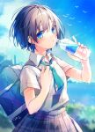  1girl aqua_neckwear bag bird black_hair blue_eyes blue_sky blurry bottle bush city clouds depth_of_field flock necktie original oshio_(dayo) plaid plaid_skirt school_uniform short_hair signature skirt sky solo sunlight upper_body water_bottle 