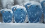  &gt;_&lt; arm_up blurry commentary_request day depth_of_field gen_2_pokemon highres no_humans outdoors pokemon pokemon_(creature) rend snow snowing wavy_mouth wobbuffet 