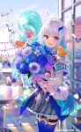  1girl armband bangs blue_hair blunt_bangs bouquet building colored_inner_hair day eyebrows_visible_through_hair flower fuzichoco hair_ornament highres lize_helesta long_hair looking_at_viewer multicolored_hair nijisanji official_art open_mouth silver_hair solo thigh-highs two-tone_hair violet_eyes virtual_youtuber 