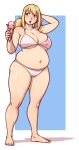  1girl arms_behind_back barefoot better-with-salt bikini blonde_hair breasts brown_eyes eyebrows_visible_through_hair fat food full_body hair_between_eyes highres holding holding_food ice_cream large_breasts long_legs navel plump simple_background solo sweatdrop swimsuit thick_thighs thighs twintails weight_gain white_background white_bikini wide_hips 