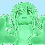  1girl :d blue_background blush border colored_sclera colored_skin curss green_eyes green_hair green_sclera green_skin looking_at_viewer monster_girl one-hour_drawing_challenge open_mouth original outline simple_background slime_girl smile solo upper_body white_border white_outline 