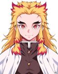  1boy black_jacket blonde_hair cape closed_mouth commentary_request forehead highres jacket kimetsu_no_yaiba korean_commentary looking_at_viewer male_focus multicolored_hair red_eyes redhead rengoku_kyoujurou signature simple_background smile solo streaked_hair thick_eyebrows tosyeo upper_body white_background white_cape 