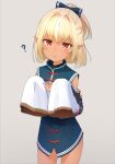  1girl :o ? absurdres bangs basa_rutan blonde_hair blue_bow blue_dress bow commentary_request dress eyebrows_visible_through_hair grey_background hair_between_eyes hair_bow high_ponytail highres hololive long_sleeves looking_at_viewer multicolored_hair parted_lips pointy_ears ponytail red_eyes shiranui_flare simple_background sleeves_past_fingers sleeves_past_wrists solo standing streaked_hair virtual_youtuber white_hair younger 
