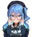  1girl 2000s_(style) bangs beret black_choker black_headwear black_jacket blue_eyes blue_hair choker eyebrows_behind_hair glasses hat highres hololive hoshimachi_suisei jacket looking_at_viewer maru_ccy official_alternate_costume side_ponytail smile solo upper_body virtual_youtuber white_background 