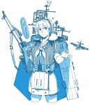  1girl aircraft bangs blue_theme breasts cropped_legs flight_deck gun heart holding holding_gun holding_weapon intrepid_(kancolle) kantai_collection m1903_springfield monochrome neck_pillow ok_sign ponytail pouch rigging shirt short_sleeves simple_background skirt solo weapon weidashming 