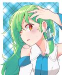  1girl bare_shoulders blush collared_shirt commentary_request detached_sleeves ear_piercing frog_hair_ornament green_hair hair_ornament hair_tubes hand_in_hair head_tilt kochiya_sanae long_hair looking_at_viewer one_eye_closed open_mouth outline piercing shirt sleeveless sleeveless_shirt snake_hair_ornament solo sweatdrop touhou two-tone_shirt white_outline white_shirt yamase yellow_eyes 
