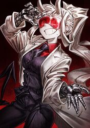  1girl bangs black_neckwear black_pants black_vest breasts demon_girl demon_tail gauntlets goggles grin helltaker highres horns labcoat lain long_hair loremaster_(helltaker) necktie pale_skin pants ponytail red_goggles red_shirt shirt simple_background smile solo sweat tail vest white_hair white_horns 