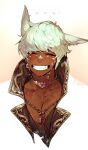  1boy animal_ears blush cat_ears crying ear_down facing_viewer final_fantasy final_fantasy_xiv grin happy_tears highres jewelry korean_text male_focus miqo&#039;te muscular muscular_male necklace pigeon666 scar scar_across_eye signature smile solo tears white_hair 