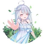  1girl absurdres ahoge amatsuka_uto blush detached_sleeves dip-dyed_hair dress hair_ornament hairclip highres indie_virtual_youtuber leaf off-shoulder_dress off_shoulder open_mouth ribbon twintails tyaba_ryuu upper_body vegetation virtual_youtuber waving white_dress white_hair wing_hair_ornament 