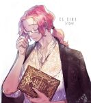  1boy adjusting_eyewear book closed_eyes closed_mouth earrings fingernails hand_up holding holding_book jacket jacket_on_shoulders jewelry male_focus original pigeon666 pink_hair ponytail shirt simple_background smile solo stud_earrings upper_body white_background white_shirt 
