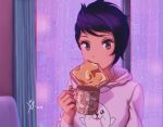  1girl animal_print black_eyes black_hair breakfast character_request copyright_request cup eyelashes food food_in_mouth food_print holding holding_cup japan leo_queval looking_at_viewer mouth_hold portrait rain seal short_hair signature solo tan toast toast_in_mouth 