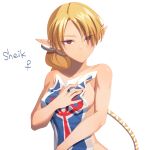  1girl bitikara blonde_hair blush braid breasts covering covering_breasts dark_skin long_hair looking_at_viewer nude pointy_ears ponytail red_eyes sheik sheikah solo super_smash_bros. surcoat the_legend_of_zelda the_legend_of_zelda:_ocarina_of_time 