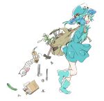  1girl backpack bag bangs blue_dress blue_footwear blue_gloves blue_hair blue_headwear book boots cucumber dress dynamite food gloves hair_bobbles hair_ornament hammer hat kawashiro_nitori mokeo open_mouth rubber_boots screw simple_background solo touhou two_side_up vegetable white_background wrench 