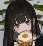  1girl bangs black_hair black_shirt blush brown_eyes earrings ears_visible_through_hair eating es-ther food fried_egg fried_egg_on_toast highres holding holding_food jewelry long_hair looking_at_viewer nail_polish open_mouth original portrait shirt solo toast 