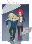  2boys angry arguing backpack bag bakugou_katsuki blonde_hair boku_no_hero_academia border box denim full_body hair_slicked_back high_tops hood hooded_jacket hoodie jacket jeans kirishima_eijirou male_focus multiple_boys open_mouth outside_border pants rain red_eyes redhead scar scar_on_face sharp_teeth shoco_(sco_labo) shoes short_eyebrows short_hair shouting sneakers spiky_hair teeth towel transparent umbrella walking wet wet_clothes wet_hair white_border 