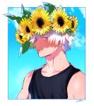  1boy bakugou_katsuki black_tank_top blonde_hair boku_no_hero_academia border clouds day flower head_wreath looking_at_viewer male_focus outside_border parted_lips red_eyes serious shade shoco_(sco_labo) sky solo sunflower sweat tank_top upper_body white_border 