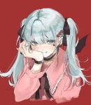  absurdres black_ribbon blue_eyes blue_hair closed_mouth dress_shirt earrings fang hair_between_eyes hair_ribbon hatsune_miku highres jewelry long_sleeves looking_at_another looking_at_viewer necklace portrait red_background ribbon ring shirt simple_background smile solo vocaloid 